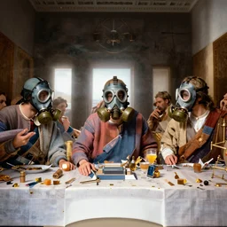 the last supper in gas masks, hyperrealistic, volumetric golden dappled dynamic lighting, highly detailed, sharp focus, by alina polovinkina, michael komarck