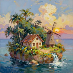 a small island with a cozy cottage, tropical forest, river, waterfall, windmill, garden courtyard, sunset, puffy clouds, dynamic lighting, thick brush strokes oil impasto painting