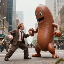 egon spengler, ray stanz, winston zeddemore, fighting a giant sausage monster in a city square, photograph, highly detailed