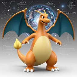 8k male figure Charizard sculpture, concept art, hyper realism, background is a pattern grid of mathmatics that explain the universe