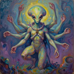 an anthromorphic alien cult, 8 arms, by amanda clark in a psychedelic style, oil on canvas