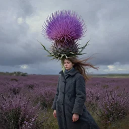 portrait, enormous thistle flower as head, a girl wearing coat in heather field, surreal photography, wind and cold, dramatic sky, impressionist painting, digital painting, artstation, simon stalenhag