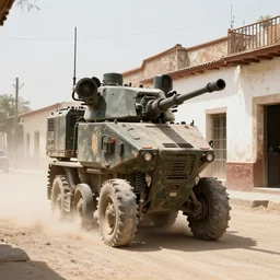 a mechanized war machine walking in the street of dusty Mexican town.