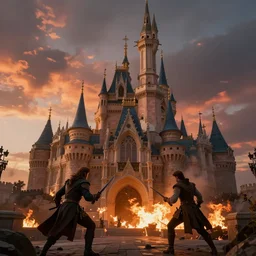 disney fantasy castle. Jean-Baptiste Monge and Alex Ross a artwork of a gothic revival castle. fantasy castle, trending on artstation. mood lighting, battle, Castle Siege, fire and smoke, sunset