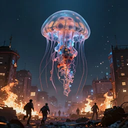 a massive jellyfish monster lording over a dystopian city with people running away in fear while the city is on fire