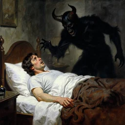 chuck norris is in his bed, nervous and terrified, because a double horned shadow figure from hell is attacking him. highly detailed painting by gaston bussiere, j. c. leyendecker, greg rutkowski, craig mullins 8 k