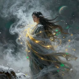 streams of smoke and snow swirl and obscure a woman, swirling flashes of gold and silver light, long wind - blown sheets, traces of green, cinematic lighting, fantasy painting, distant planet