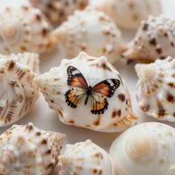 seashells with butterfly patterns, photo, real, detailed, 4k
