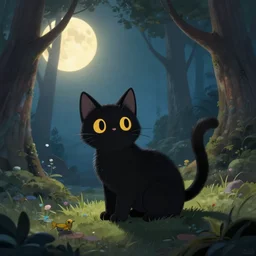 little black cat in the fantasy forest, shining in the moonlight, by greg rutkowski