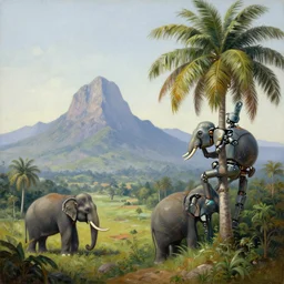 sri lankan landscape, distant mountains, mutated robot elephants climbing coconut trees, oil painting by zdzisław beksinski,