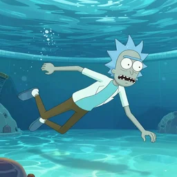 highly detailed full body portrait of a zombie swimming underwater in a zombie - apocalypse, in a swimming pool, style of rick and morty justin roiland