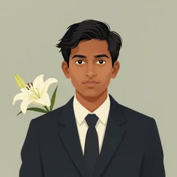 artwork by Enjolras Delphin and Wes Anderson, of a solo individual portrait of an Indian guy with lilies, dapper, simple illustration, domestic, nostalgic, full of details, Matte painting, trending on artstation and unreal engine
