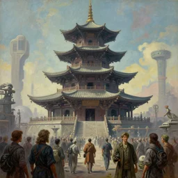 cinematic view of a retro scifi pagoda with crowds, desaturated, psychedelic, tim hildebrandt, wayne barlowe, bruce pennington, donato giancola, larry elmore, oil on canvas, masterpiece, trending on artstation, featured on pixiv, cinematic composition, dramatic, beautiful lighting, sharp, details, hyper - detailed, hd, hdr, 4 k, 8 k
