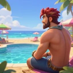 beautiful render of pool party Lux (league of legends) looking at the horizon in a hawaii beach, 3d, octane render, realistic, highly detailed, trending on artstation