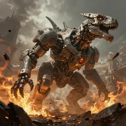 concept art by andrey surnov, cel shaded, cinematic shot, trending on artstation, high quality, brush stroke, burning empires, giant sci - fi mechanical dinosaurs collapse, debris floating in the air