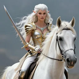 a fantast beauty detailed elf adriana lima riding a white horse, with a curved sword, platinum white wavy long hair, white headband in the front with diamonds, jewelry body armor in golden and silver colors, pointy ears, detailed, epic masterpiece of cinematographic hyperrealism, realistic shaded lighting poster by craig mallismo, artgerm, jeremy lipkin and michael garmash, unreal engine