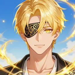adult male ; short blonde hair ; golden accessories ; golden eyes ; bright colours ; ornate eyepatch ; idol ; golden energy swirls ; in the style of webtoons ; digital art ; high detail ; trending on artstation ; anime key visual