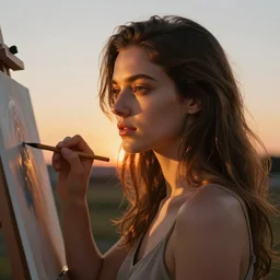 a woman painting herself in a self portrait. detailed. artistic. sunset.