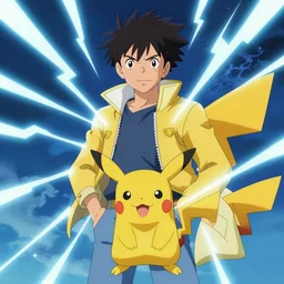 an epic anime of a man surrounded by lightning bolts, big jacket, pokemon, ghibli, unreal 5, octane render, rpg portrait, dynamic lighting, epic, epic anime, 2 d, dragon ball