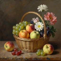 a beautiful detailed painting of a still life of fruit and flowers in a basket