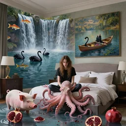 tall emo girl in her bedroom, pigs, pomegranates, octopus, flooded, floating sculptures, luxury apartment bedroom, art on the walls, fish, zen, waterfall, black swans, canoe, berries, surrealist, painting by magritte and monet