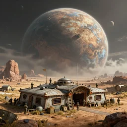 a beautiful hyperrealistic 3 d render of a low tech militia outpost on a distant planet by simonetti, frazetta, and fitz henry lane, landscape, unreal engine, octane render, gigantic, 3 d, intricate, ultra wide angle, trending on artstation, volumetric lighting, micro details, ray tracing, 8 k