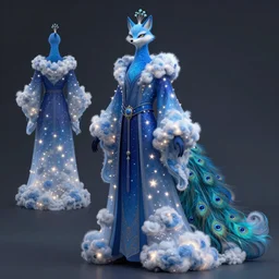 character sheet of a starry blue fox peacock druid wearing magic imbued mage robes made from clouds with fairy lights inside the clouds to resemble stars, cloud mage robes, dungeons and dragons, fantasy art, in the style of the legend of vox machina on amazon prime