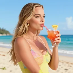 Margot Robbie drinking a cocktail on the beach, digital art, highly detailed, hyper realistic, trending on artstation
