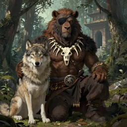 portrait of beast chief with eye - patch and necklace made from human bones, big wolf pet sitting next to him, forest temple in the background, illustration concept trending pixiv fanbox by wlop and greg rutkowski and caravaggio and rosa bonheur, and william harnett