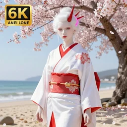 beautiful albino maiko in the beach with sakura flowers, detailed background, photograph, award wining, red and white, trending on artstation, punk attitude, 4k, unreal engine 5, octane render, neon highlights