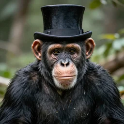 a hyperrealistic portrait of a chimpanzee, with a top hat. photorealistic, highly detailed
