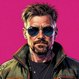 hyper detailed comic illustration of a cyberpunk Walter White with headroom above  wearing a futuristic sunglasses and a gorpcore jacket, markings on his face, by Eng Kilian, intricate details, vibrant, solid background
