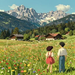 a ultra photorealistic and sharp film still of an a sunny and colourful open field in 1 7 0 0 in the middle of the bavarian alps, germany. wide shot, wes anderson, studio ghibli, pixar and disney animation, octane render, anime key art by greg rutkowski, dramatic lighting, award winning photography