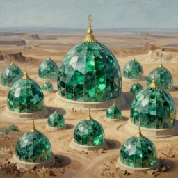 hyper detailed painting of domes made of green emeralds, sprawling across majestic parched plains, by francisco goya and rembrandt, unsettling, mysterious, by stephan martiniere and alexander fedosav, hyperrealism, 8 k resolution, behance hd, artstation, nightcafe