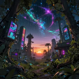 urbex by wolf d. prix, at dawn sunlight fisheye cyberpunk neon signs reclaimed by nature cosmic vaporwave anime dramatic lighting hyperrealism uv light at night sunset retrowave galactic rainforest myst made of glass thermal vision azeroth junglepunk darkacademia at summer landscape at dusk fantasy, archdaily, wallpaper, highly detailed, trending on artstation.