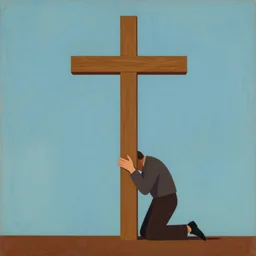 man kneeling at the base of a wooden cross, 1960’s minimalist advertising illustration, painterly