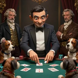 a highly detailed matte portrait mister bean playing poker with dogs, standing at a card table, art by cassius marcellus coolidge and jacque - louis david, volumetric lighting, octane render, 4 k resolution, trending on artstation, masterpiece