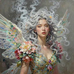 a colorful and provenance portrait painting of a fantasy female with floral wings, detailed, highly detailed, hair made of hair made of air wind and curling smoke, mist, dust, genie, spirit fantasy concept art ， art by charlie bowater and by aenami, trending on artstation.