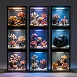 composition of nine square boxes with different microbionts, diorama, front view, light mode, led lamps, coral reef, macro photo, canon camera, leans 3 5 mm f 2. 8, 8 k