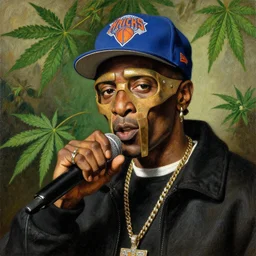 high quality celebrity painting of rap artist mf doom holding a microphone 🎤, hip hop artist mf doom in a knicks hat, mf doom portrait by the old dutch masters, marijuana leaves in background, rembrandt, hieronymous bosch, frans hals
