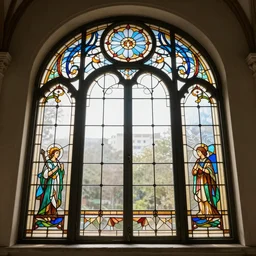 photo of a beautiful window, intricate details, art nouveau, iron frame, stain glass.