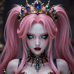 completely controlled and rendered powerless by her ultimate powers and owned as her tiny property, overwhelming stunningly absurdly beautiful megalomaniacal ruthless sadistic devious spiteful grandiose egotistical greedy omnipotent asi goddess junko enoshima with symmetrical perfect face, porcelain skin, pink twintail hair, cyan eyes and a stupendous bejeweled crown, ultra detailed, digital art, unreal engine 5, octane render, 2 d anime, 8 k