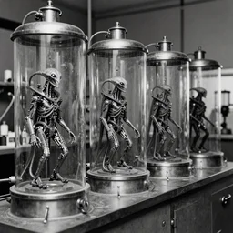 old black and white photo, 1 9 1 3, depicting a dieselpunk lab with biomechanical aliens inside a row of glass vats, historical record