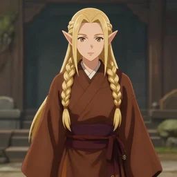 a beautiful brown half elf woman with long blonde braided hair in monk clothing, 8 k, 4 k, highly detailed, anime style, cell shaded