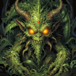 a plant monster, menacing expression, nature themed, fantastical, glowing amber eyes, intricate details, highly detailed, kentaro miura art style