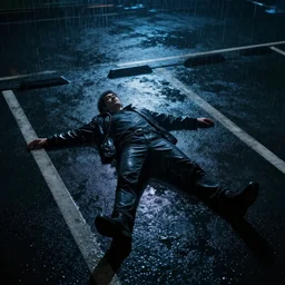 person laying in a parking lot on a dark night, rain drizzling with blaring yet dim lights, top down view, realistic 4k octane beautifully detailed render, 4k post-processing, highly detailed, intricate complexity, epic composition, magical atmosphere, cinematic lighting, masterpiece, ultra hd