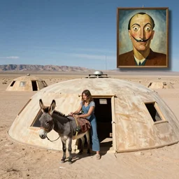 earthship in the desert, New Mexico, woman with donkey, Salvador Dali painting