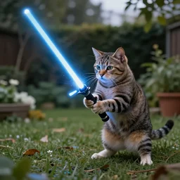 Cat playing with a lightsaber in the garden, raytracing, very realistic, 4k