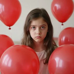 medium shot ultra high resolution photo of a shy young girl facing the camera with a quizzical expression. 1 0 0 red balloons fill the scene, todd solondz, rebecca guay, artstation, artgerm, octane render