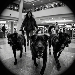 camera footage of a 3 Aggressive Feral Black Dogs with severe rabies Chasing a young woman in an abandoned shopping mall, high exposure, dark, monochrome, camera,  grainy, CCTV, security camera footage, timestamp, zoomed in, Creepy, Feral, fish-eye lens, Nightmare Fuel, Zombie Dog, Evil, Bite, Motion Blur, horrifying, lunging at camera :4